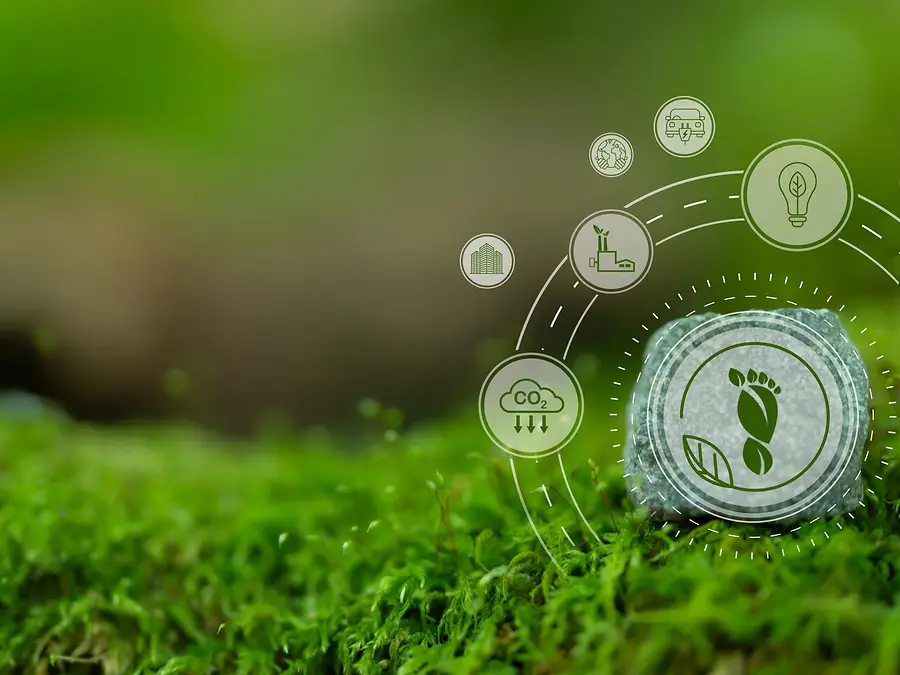 Druckprodukt Klimabeitrag grüner Hintergrund mit Umwelt-Icons